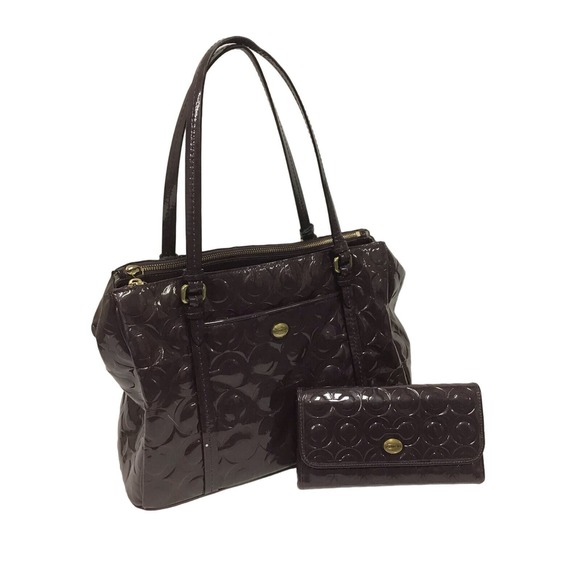 Coach‎ Plum Leather Embossed Logo Shoulder Hand Bag Purse Wallet Set Authentic! - Picture 1 of 14